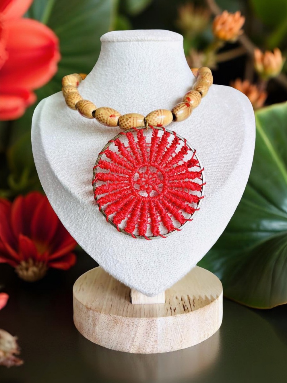 One of a kind crochet Handmade Red Round Pendant Necklace with Natural Wood Bead